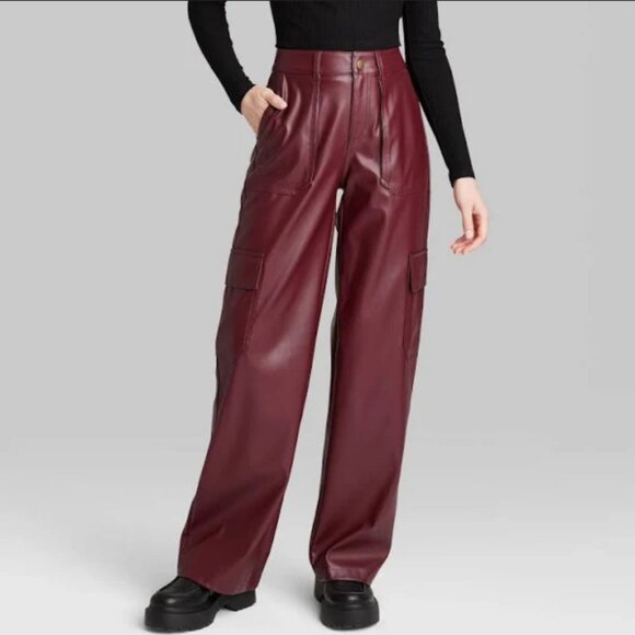 High-Rise Straight Leg Faux Leather Cargo Pants - Wild Fable Burgundy XXS - Picture 1 of 2